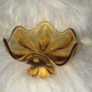 Vintage Scalloped Pedestal Amber Candy Dish